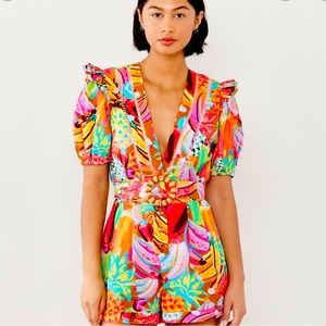 Farm rio plunging v-neck belted romper fruit salad nwt